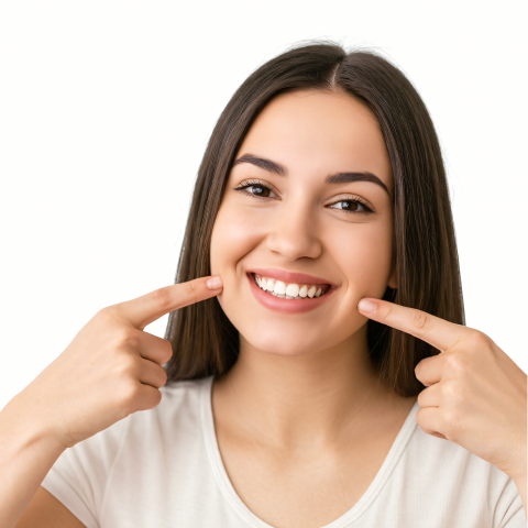 ragazza che sorride e indica i denti 