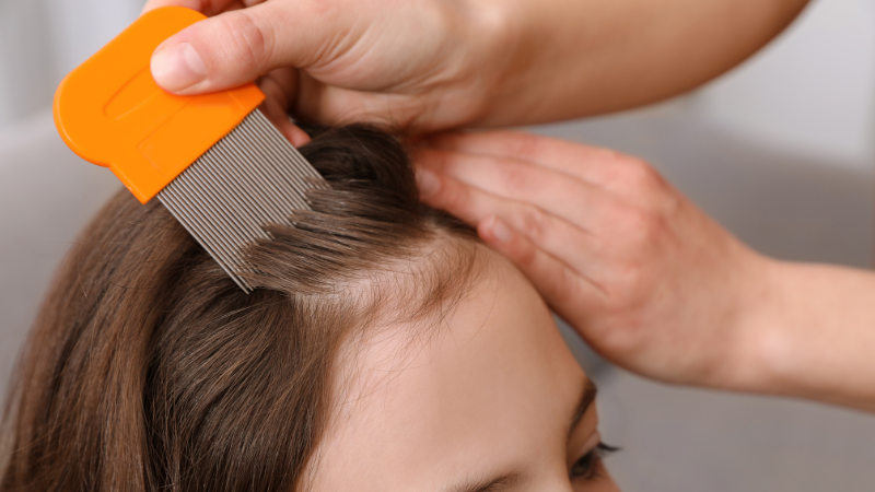 Genitore controlla i capelli del bambino con pettine antipidocchi a denti fitti